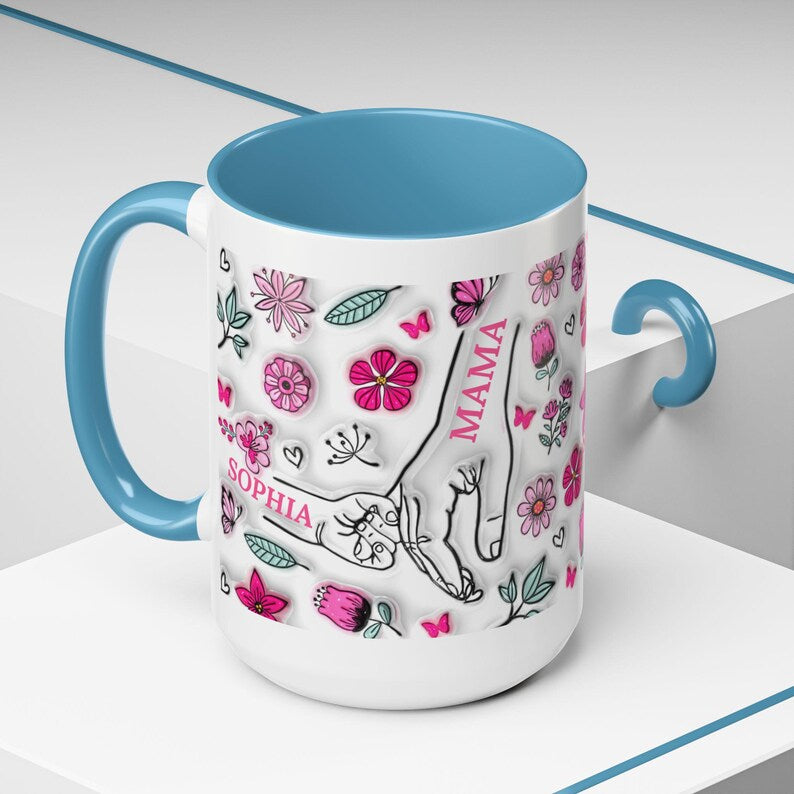 1- 6 Personalized Holding Mom's Hand | Floral Family Mug - Personalized Gift for Moms | Family Gatherings, Mother's Day, Custom Drinkware