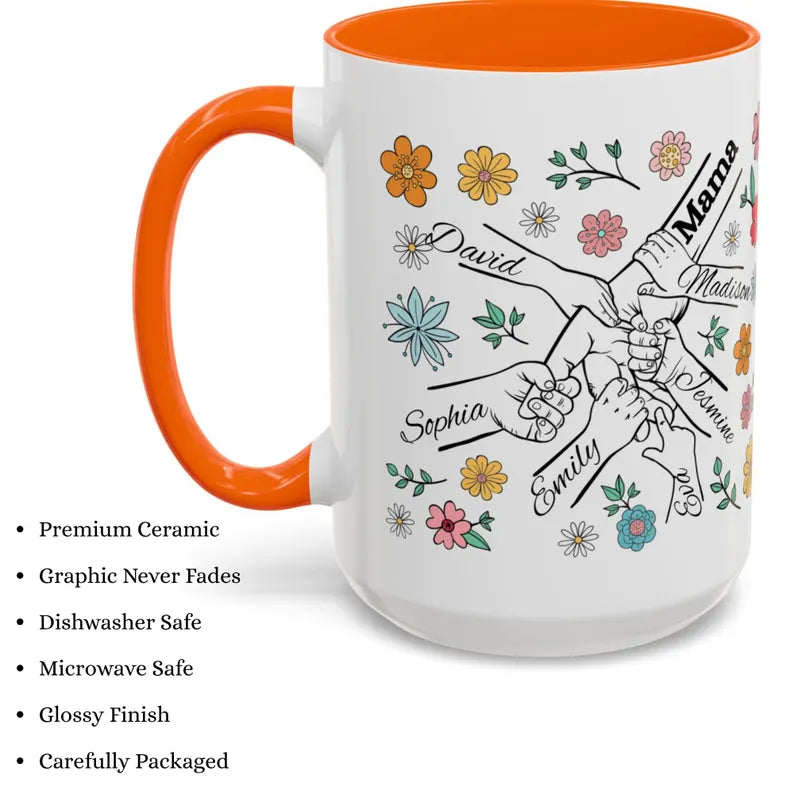 1- 6 Personalized Holding Mom's Hand | Floral Family Mug - Personalized Gift for Moms | Family Gatherings, Mother's Day, Custom Drinkware