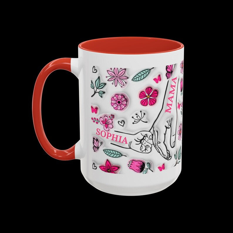 1- 6 Personalized Holding Mom's Hand | Floral Family Mug - Personalized Gift for Moms | Family Gatherings, Mother's Day, Custom Drinkware
