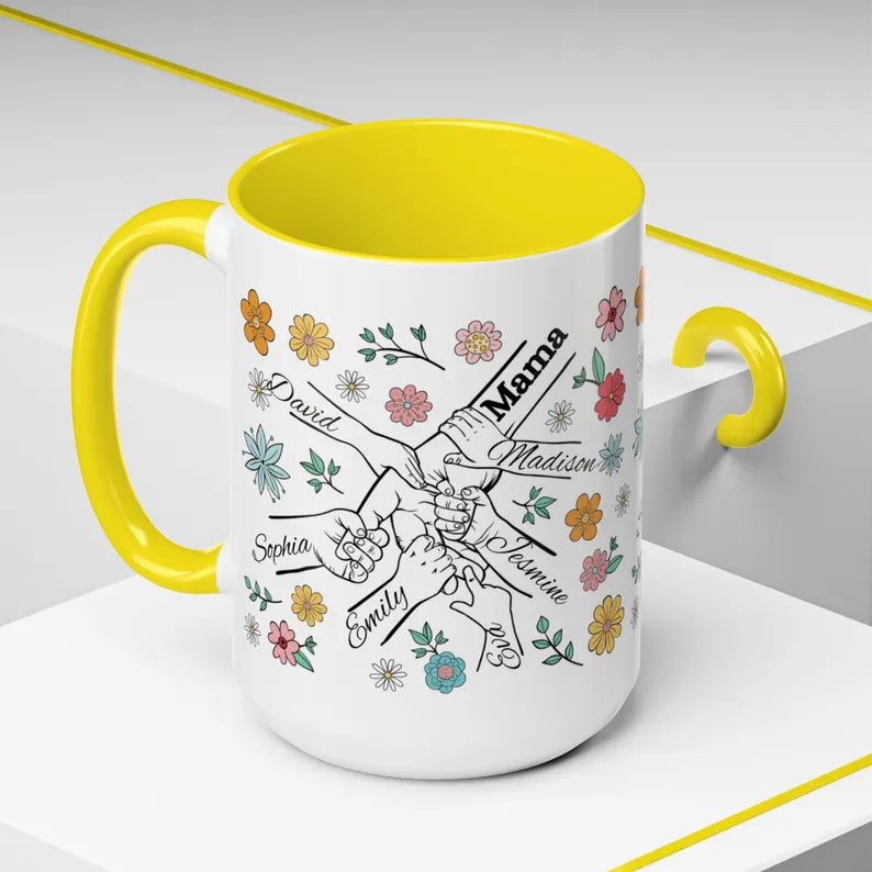 1- 6 Personalized Holding Mom's Hand | Floral Family Mug - Personalized Gift for Moms | Family Gatherings, Mother's Day, Custom Drinkware