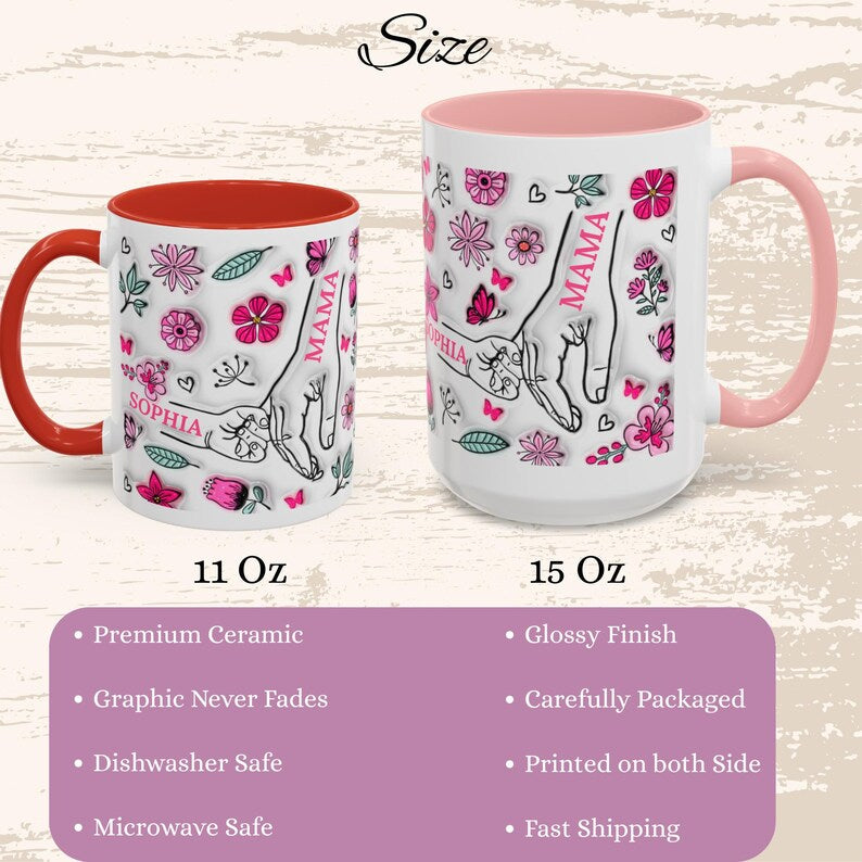 1- 6 Personalized Holding Mom's Hand | Floral Family Mug - Personalized Gift for Moms | Family Gatherings, Mother's Day, Custom Drinkware