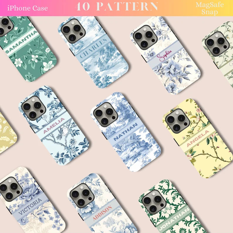 Custom Toile de Jouy Phone Case β Personalized MagSafe iPhone & Samsung Case | Elegant French Floral Design