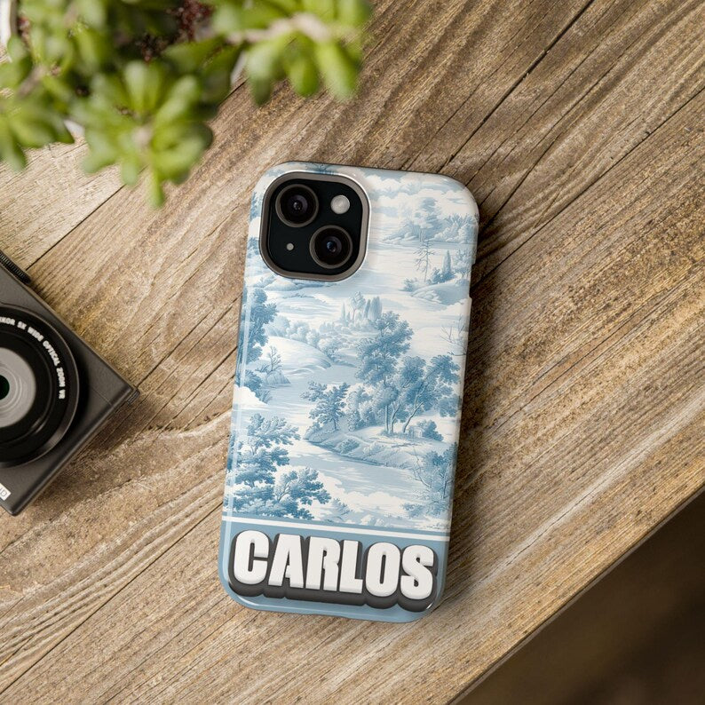 Custom Name Samsung, iPhone Case | Tough, Snap, MagSafe iPhone & Samsung cases | Blue Toile De Jouy Phone Case | Customized Phone Cover