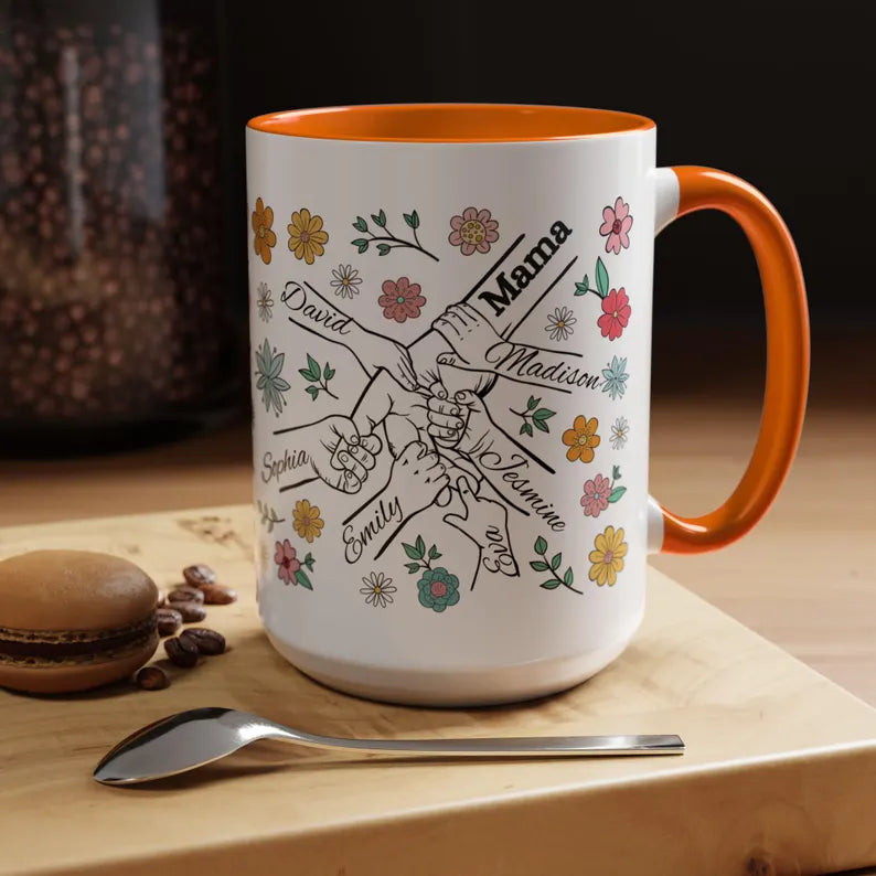 1- 6 Personalized Holding Mom's Hand | Floral Family Mug - Personalized Gift for Moms | Family Gatherings, Mother's Day, Custom Drinkware