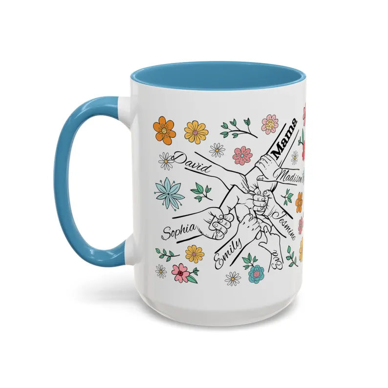 1- 6 Personalized Holding Mom's Hand | Floral Family Mug - Personalized Gift for Moms | Family Gatherings, Mother's Day, Custom Drinkware