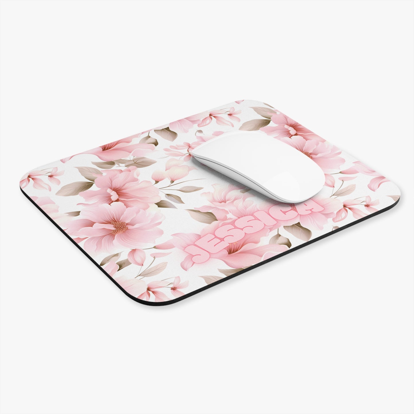Custom Name Pink Floral Chinoiserie Desk Mat, Personalized Pink White Flowers Desk Pad, Preppy Mouse Pad, Pink Toile Floral Decor Desk Pad