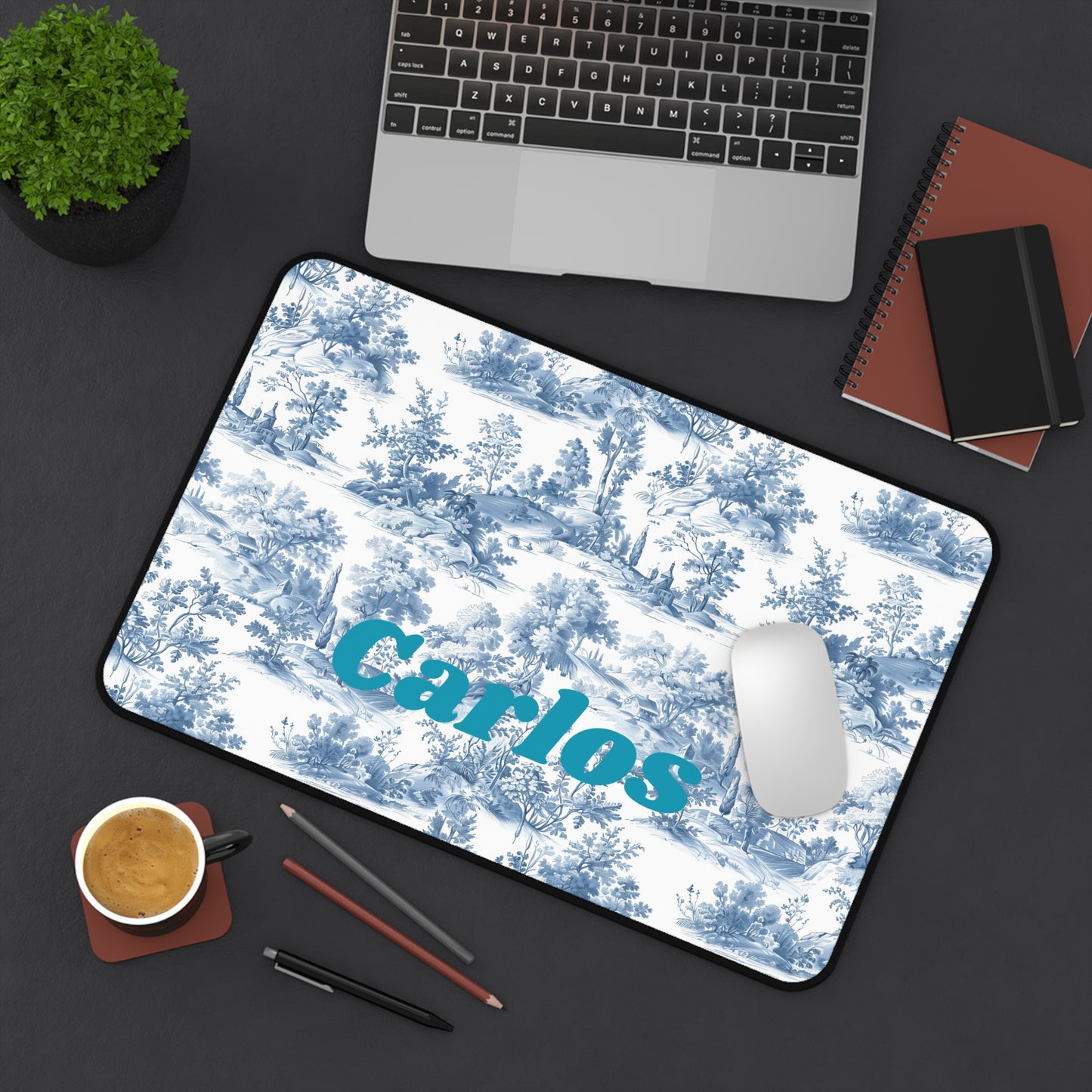 Custom Name Blue Floral Chinoiserie Desk Mat, Personalized Blue White Flowers Desk Pad, Preppy Mouse Pad, Blue Toile Floral Decor Desk Pad