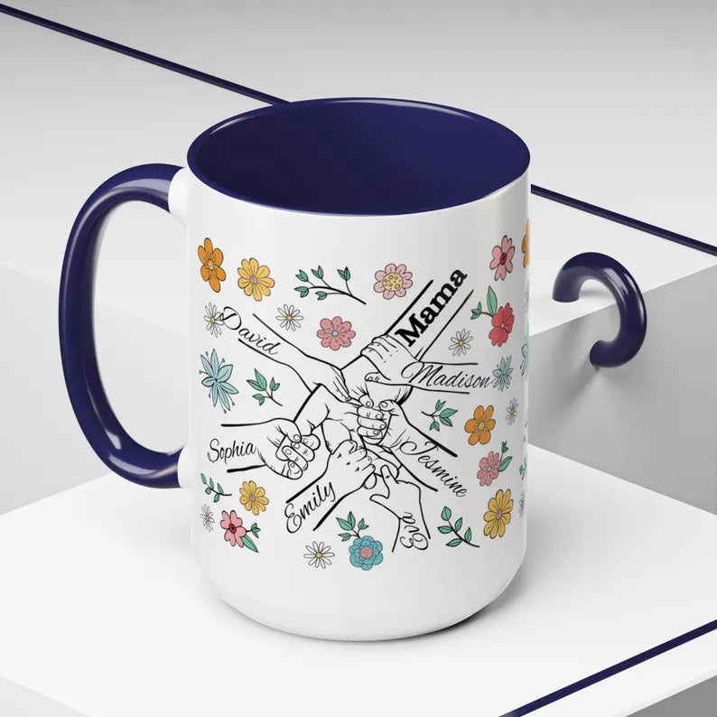 1- 6 Personalized Holding Mom's Hand | Floral Family Mug - Personalized Gift for Moms | Family Gatherings, Mother's Day, Custom Drinkware