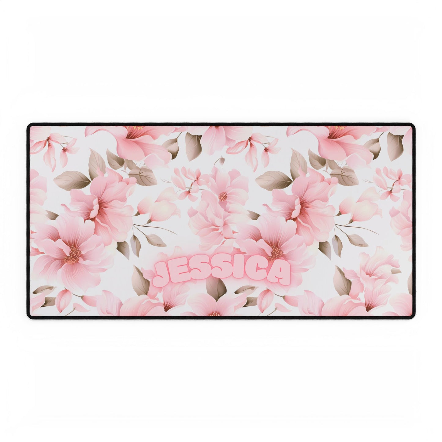 Custom Name Pink Floral Chinoiserie Desk Mat, Personalized Pink White Flowers Desk Pad, Preppy Mouse Pad, Pink Toile Floral Decor Desk Pad