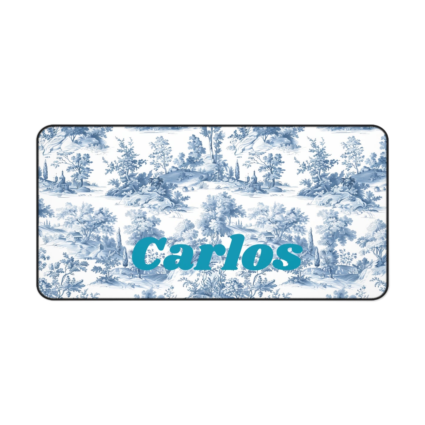 Custom Name Blue Floral Chinoiserie Desk Mat, Personalized Blue White Flowers Desk Pad, Preppy Mouse Pad, Blue Toile Floral Decor Desk Pad