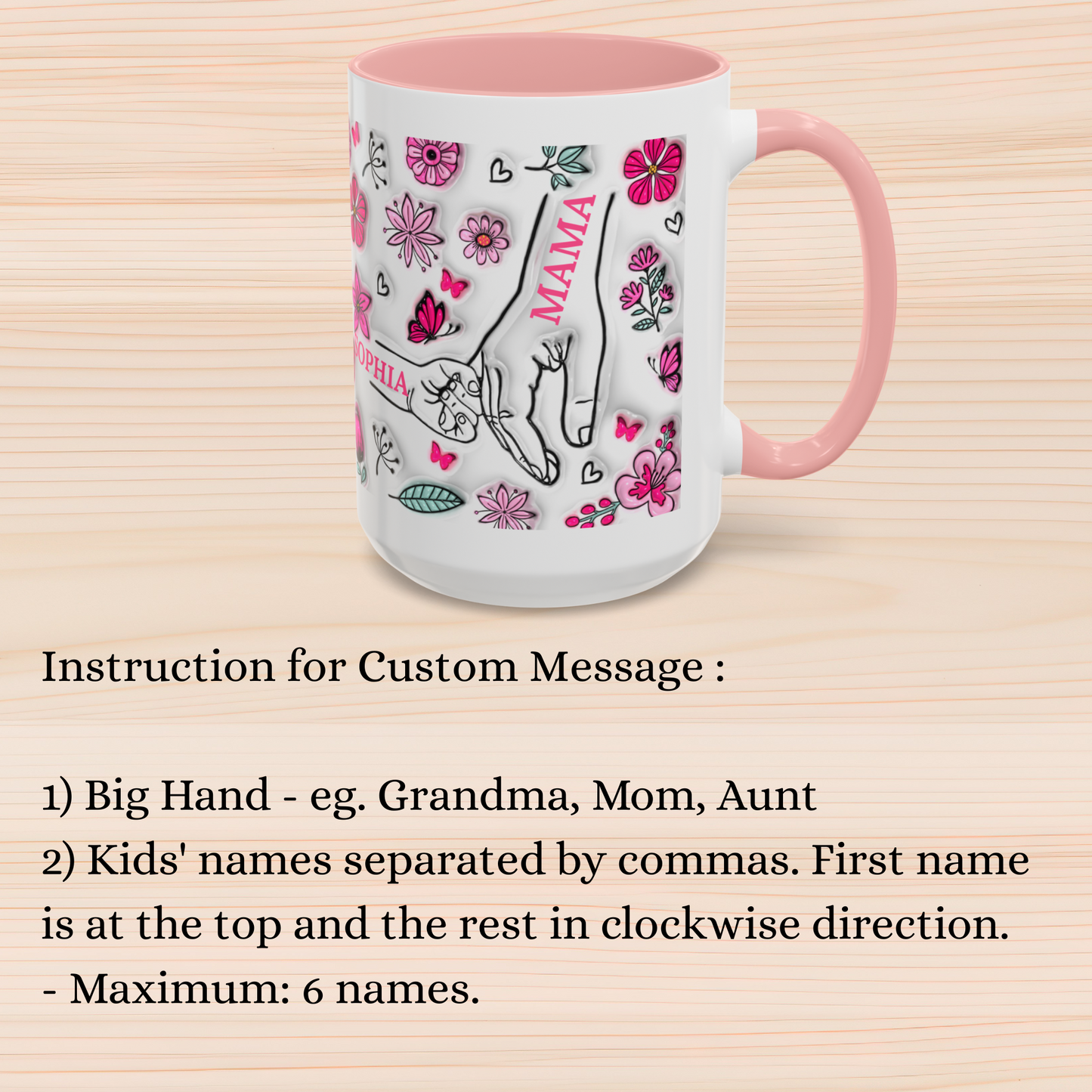 1- 6 Personalized Holding Mom's Hand | Floral Family Mug - Personalized Gift for Moms | Family Gatherings, Mother's Day, Custom Drinkware