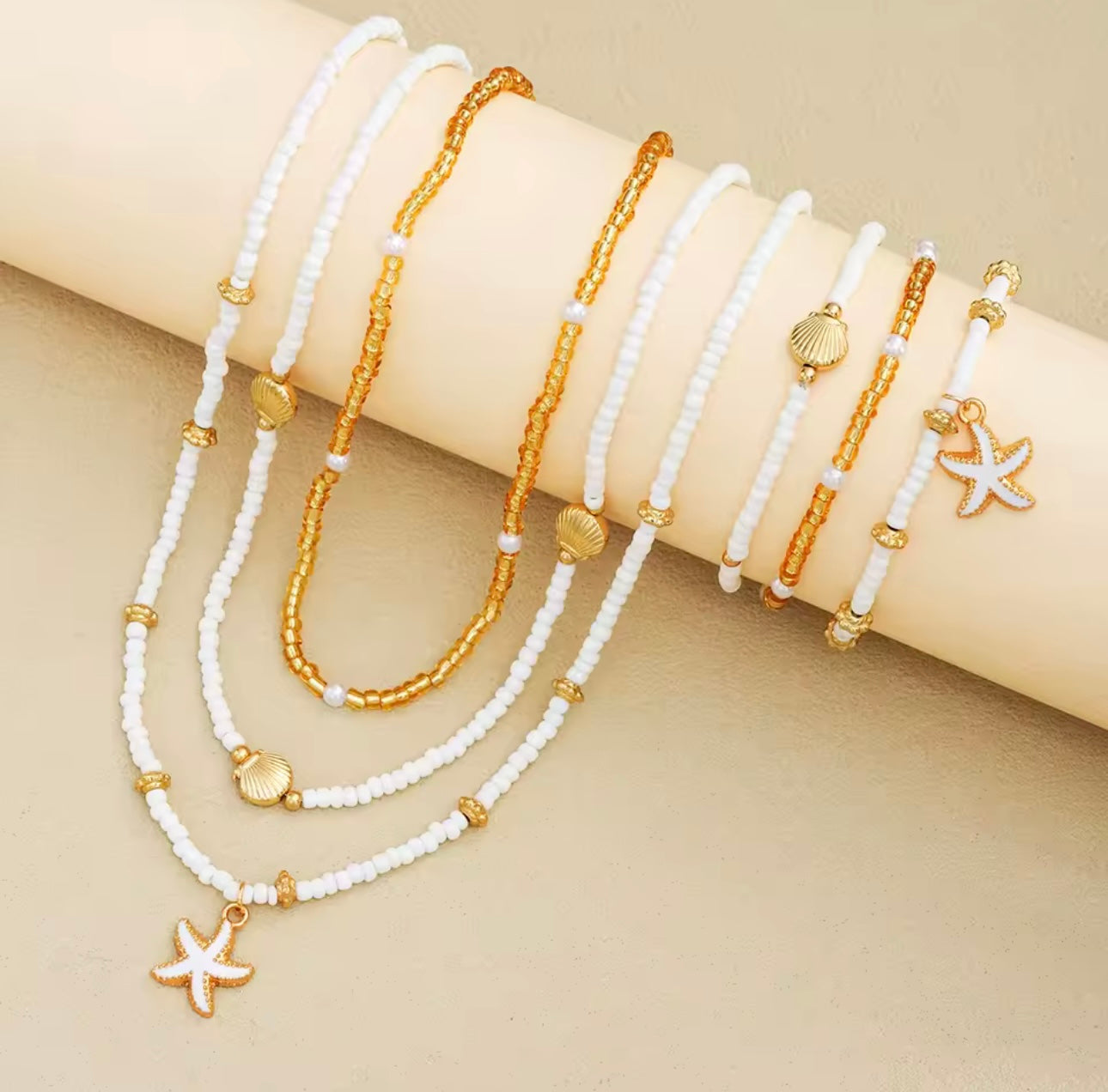 Minimalist & Elegant 6pcs Boho Jewelry Set – Beaded Shell & Starfish Necklace & Bracelets