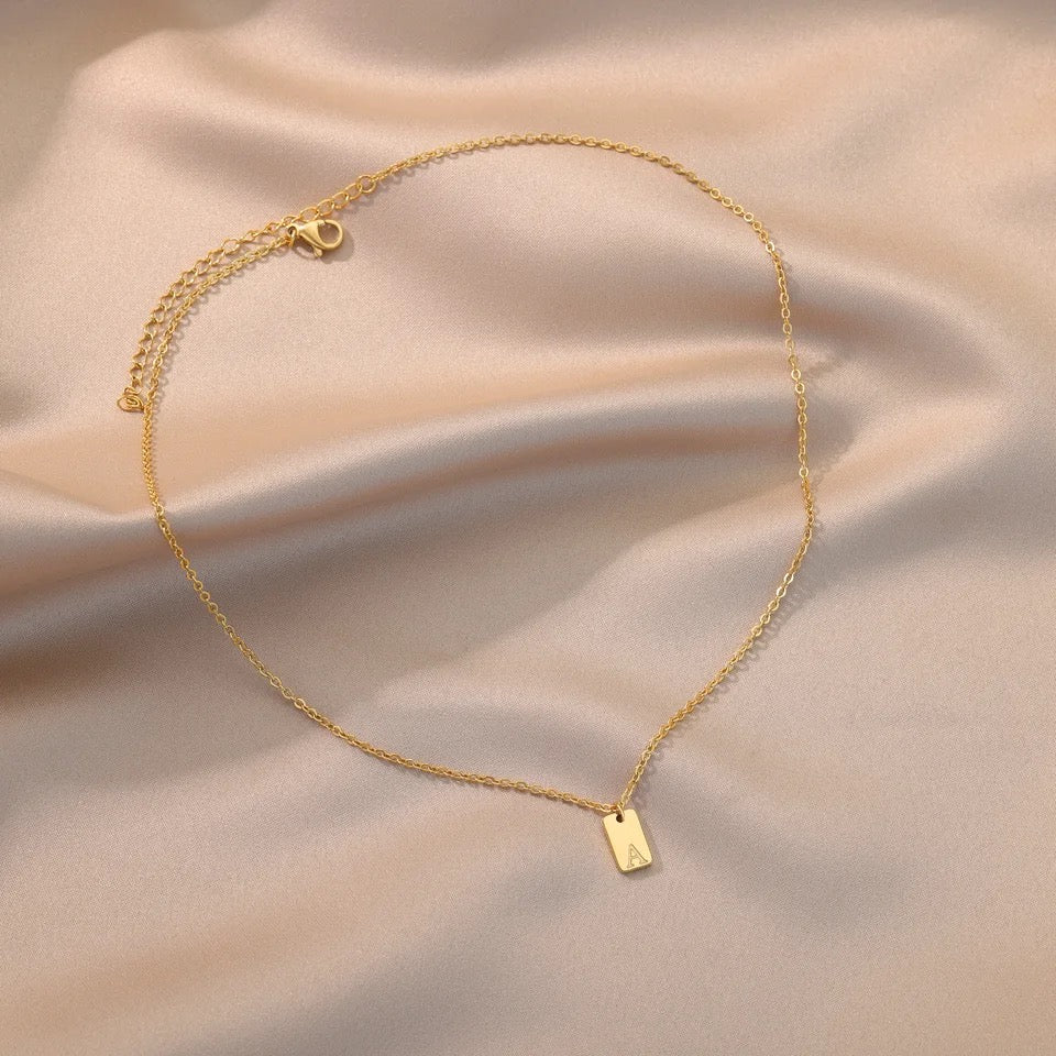 Tiny Square Initial Letter Necklaces • Gold Plated Stainless Steel Engraved Letter Necklace • Birthday Gift