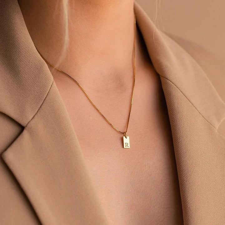 Tiny Square Initial Letter Necklaces • Gold Plated Stainless Steel Engraved Letter Necklace • Birthday Gift