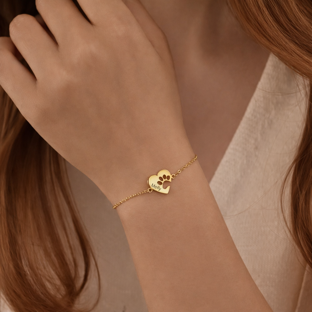 Personalized Pet Name Bracelet, Paw Print Heart Charm, Dog Cat Lover Jewelry, Custom Name Gift, Pet Memorial Bracelet