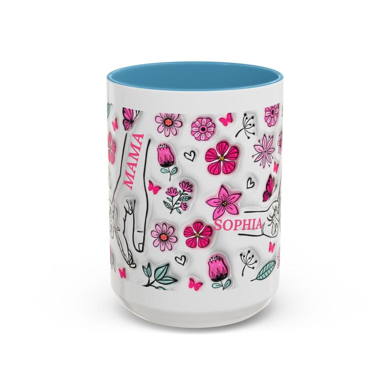 1- 6 Personalized Holding Mom's Hand | Floral Family Mug - Personalized Gift for Moms | Family Gatherings, Mother's Day, Custom Drinkware