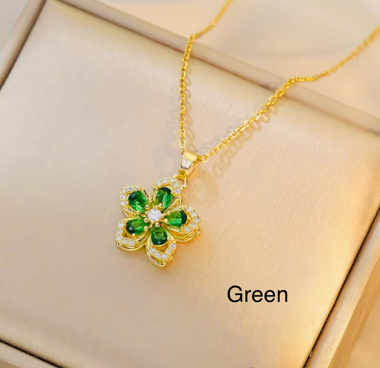Rotating Flower Necklace for Women | Gold Crystal Blossom | Minimalist Gift for Her | Green, Pink, White & Red