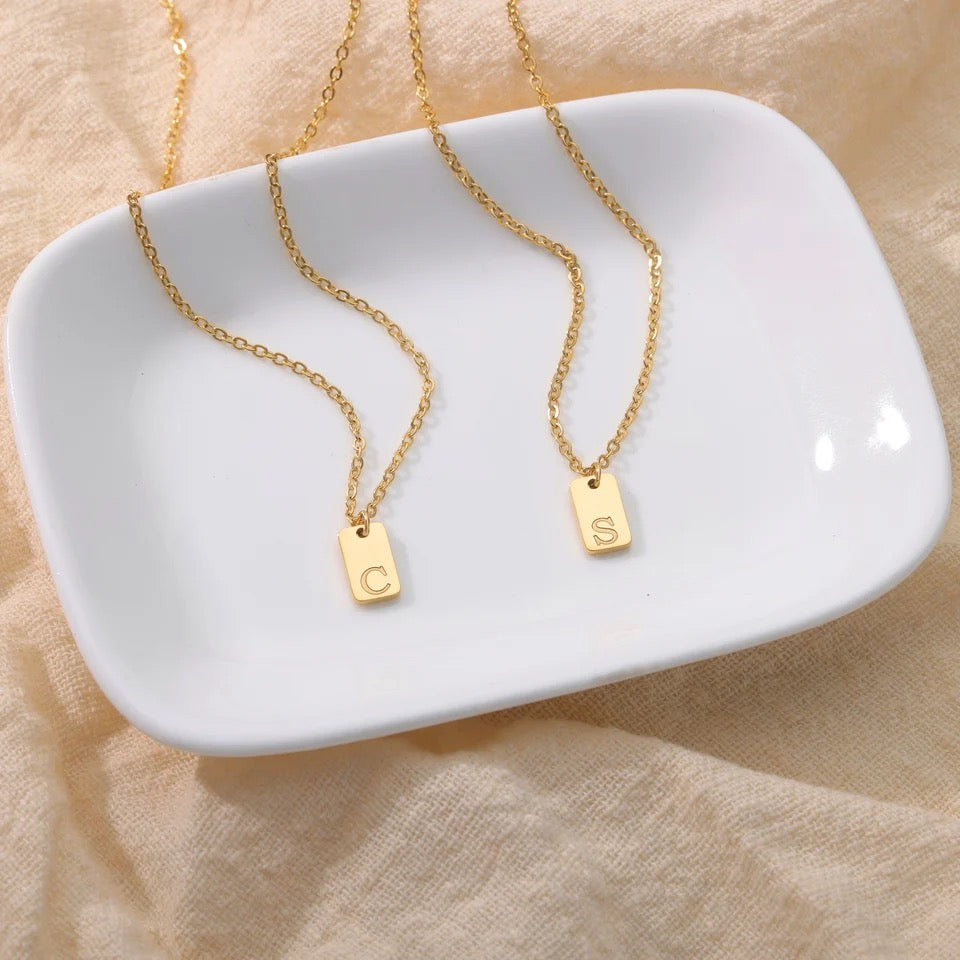Tiny Square Initial Letter Necklaces • Gold Plated Stainless Steel Engraved Letter Necklace • Birthday Gift