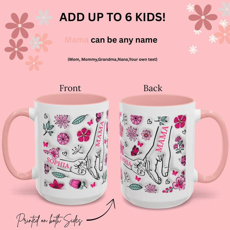 1- 6 Personalized Holding Mom's Hand | Floral Family Mug - Personalized Gift for Moms | Family Gatherings, Mother's Day, Custom Drinkware
