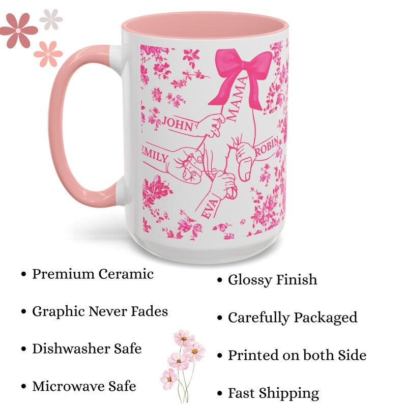 1- 6 Personalized Holding Mom's Hand | Floral Family Mug - Personalized Gift for Moms | Family Gatherings, Mother's Day, Custom Drinkware