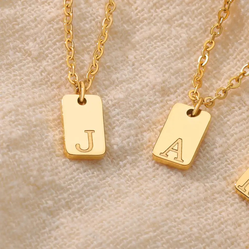 Tiny Square Initial Letter Necklaces • Gold Plated Stainless Steel Engraved Letter Necklace • Birthday Gift