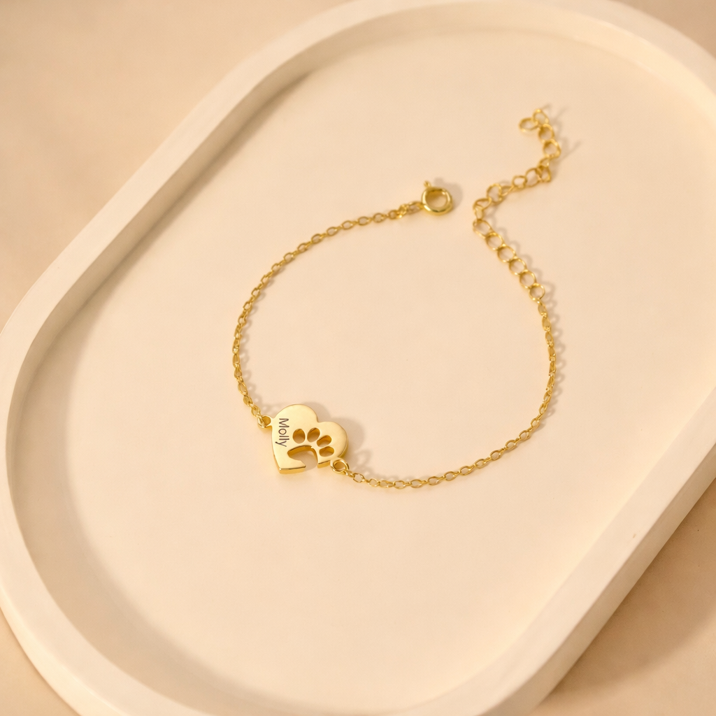 Personalized Pet Name Bracelet, Paw Print Heart Charm, Dog Cat Lover Jewelry, Custom Name Gift, Pet Memorial Bracelet
