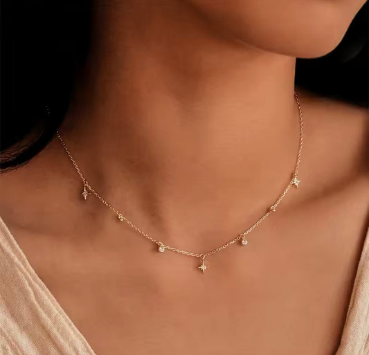 18K Gold Plated Necklace • Luxury 925 Sterling Silver Star Necklace – Dainty Zircon Charm on 18K Gold Plated Chain, Elegant Choker Jewelry for Women