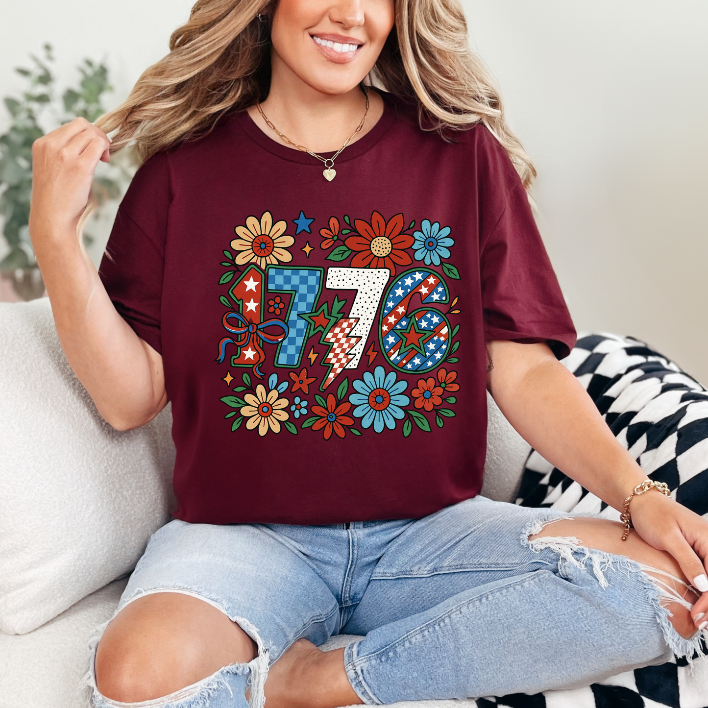 Retro 1776 4th of July T-Shirt | Floral Patriotic Graphic Tee | USA Independence Day Shirt | Unisex Vintage America Shirt