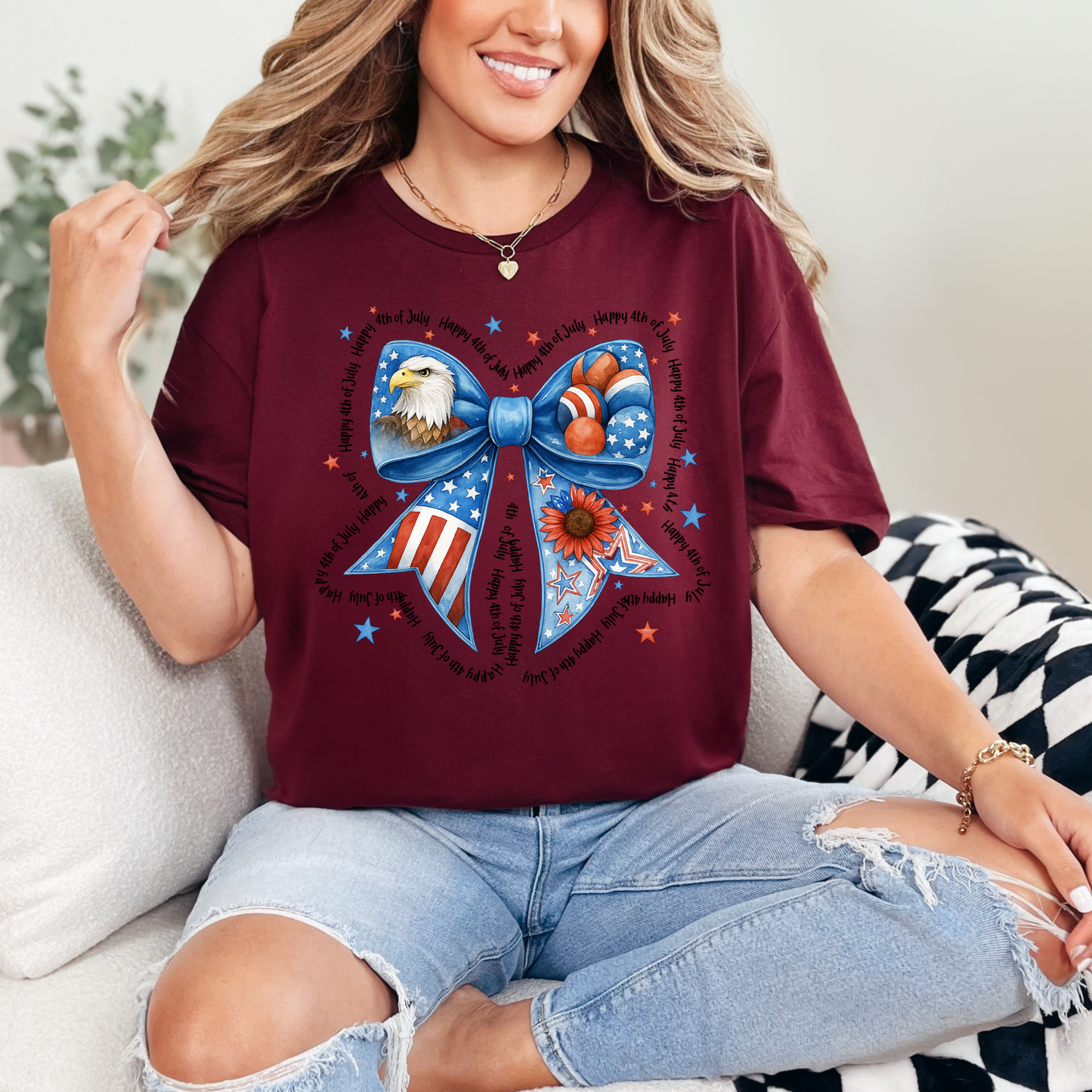 Vintage 4th of July Unisex T-Shirt, Sweatshirt | Retro American Flag Bow Graphic Tee | Patriotic USA Independence Day Outfit