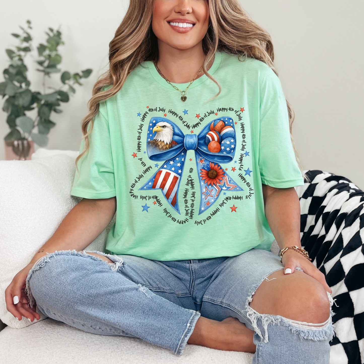 Vintage 4th of July Unisex T-Shirt, Sweatshirt | Retro American Flag Bow Graphic Tee | Patriotic USA Independence Day Outfit