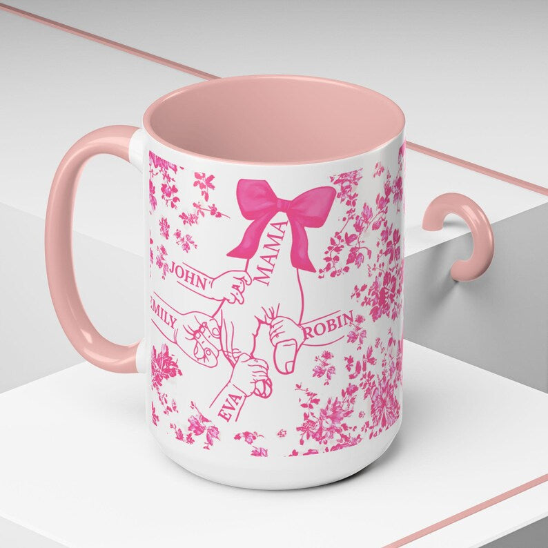 1- 6 Personalized Holding Mom's Hand | Floral Family Mug - Personalized Gift for Moms | Family Gatherings, Mother's Day, Custom Drinkware
