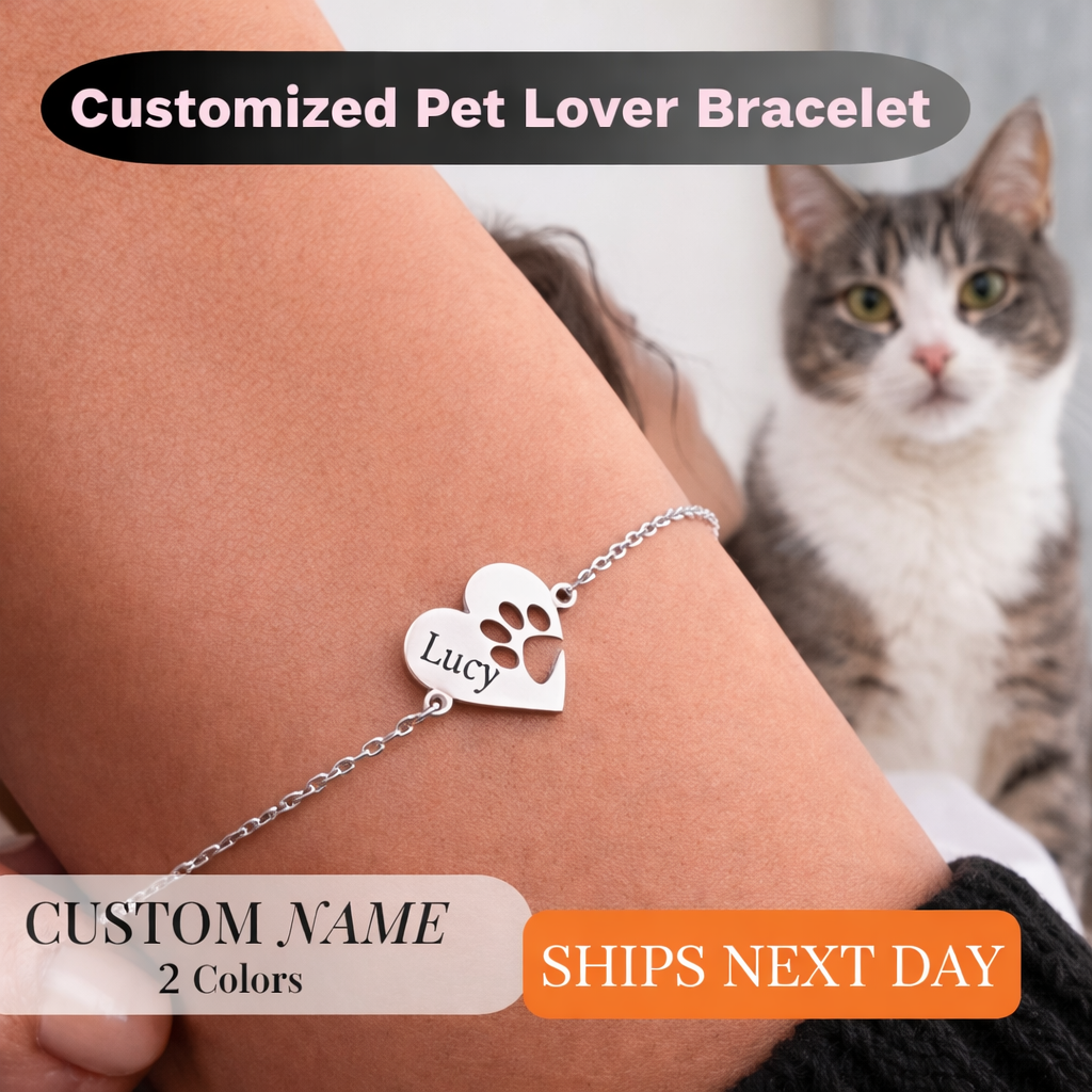 Personalized Pet Name Bracelet, Paw Print Heart Charm, Dog Cat Lover Jewelry, Custom Name Gift, Pet Memorial Bracelet