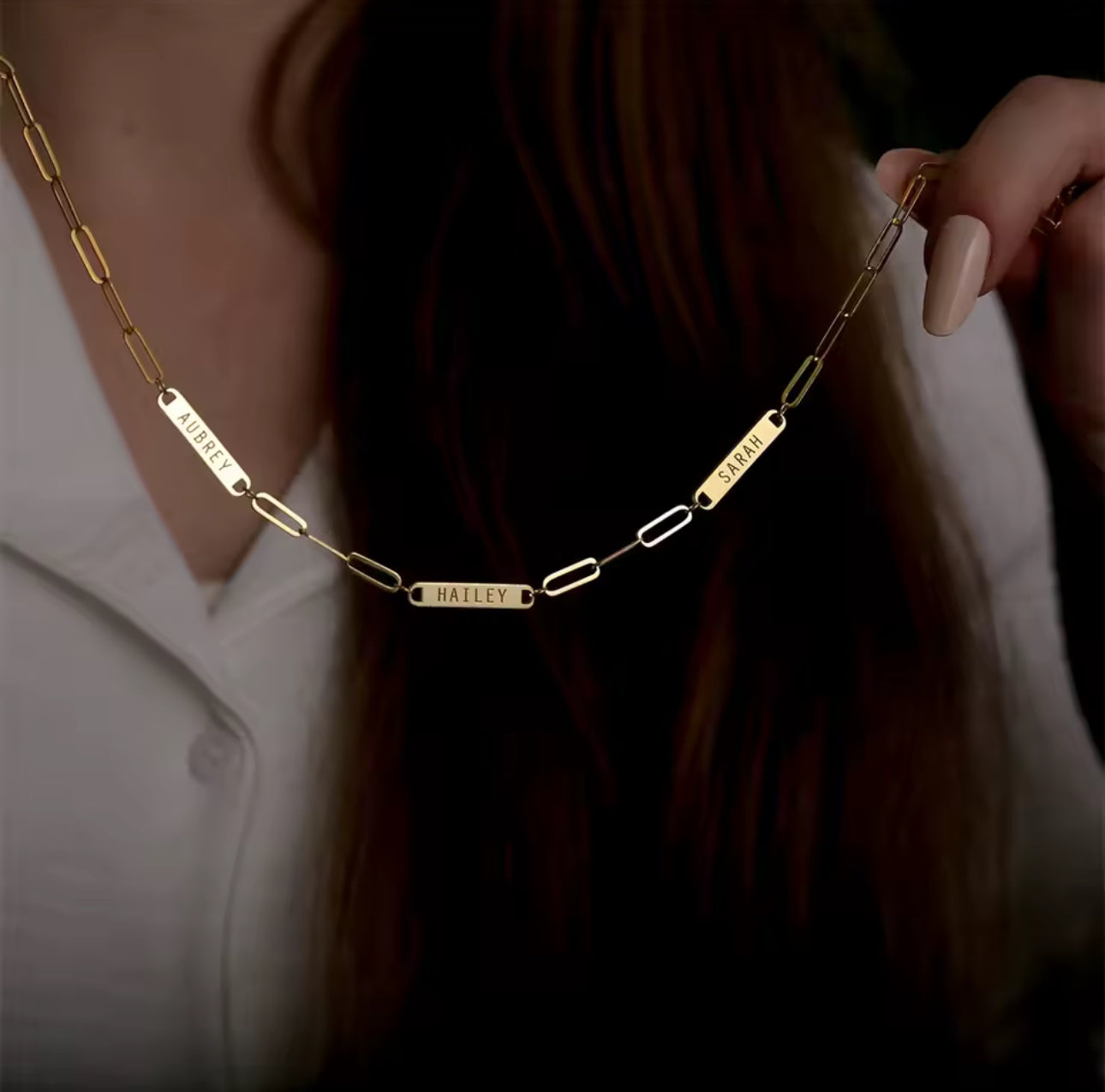 Engraved Name Bar Necklace • Personalized 1–3 Nameplate Pendant • Paperclip Chain Jewelry • Gift for Women