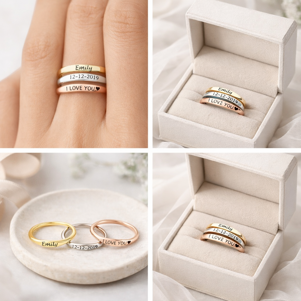 Personalized Engraved Rings, Custom Name, text Date Stackable Ring Set, Minimalist Jewelry Gift for Her, Wife, girlfriend, Bridesmaid