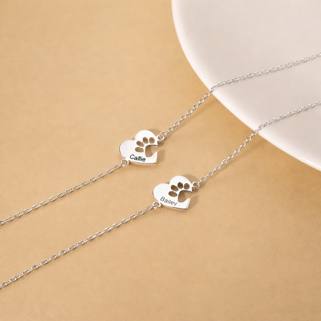 Personalized Pet Name Bracelet, Paw Print Heart Charm, Dog Cat Lover Jewelry, Custom Name Gift, Pet Memorial Bracelet