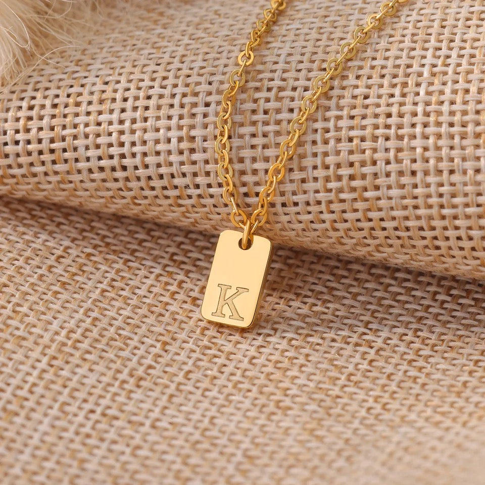 Tiny Square Initial Letter Necklaces • Gold Plated Stainless Steel Engraved Letter Necklace • Birthday Gift