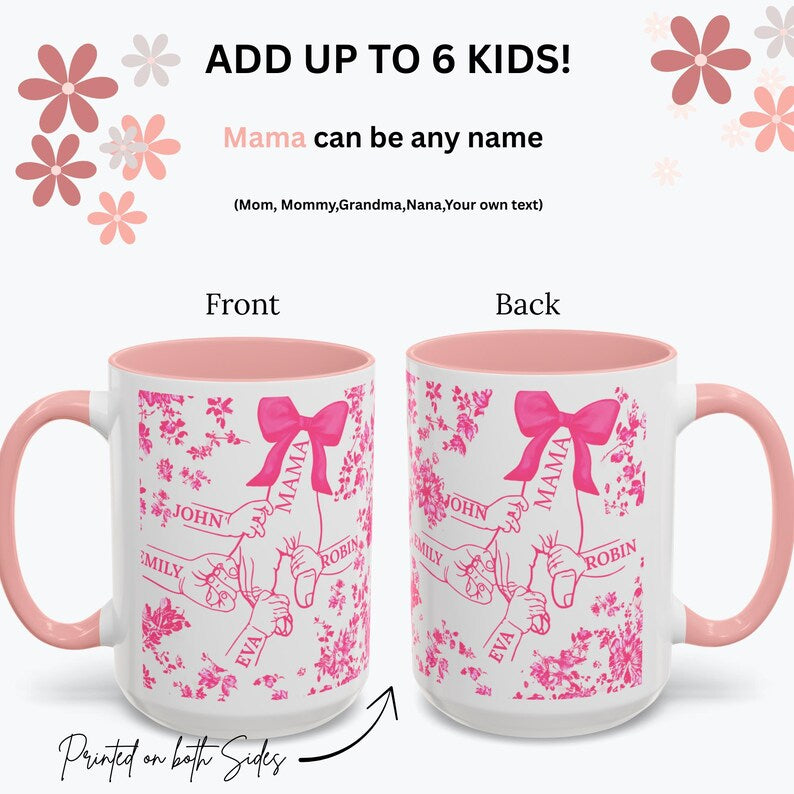 1- 6 Personalized Holding Mom's Hand | Floral Family Mug - Personalized Gift for Moms | Family Gatherings, Mother's Day, Custom Drinkware