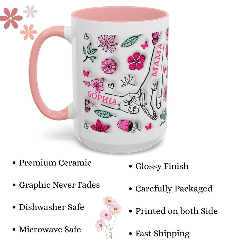1- 6 Personalized Holding Mom's Hand | Floral Family Mug - Personalized Gift for Moms | Family Gatherings, Mother's Day, Custom Drinkware