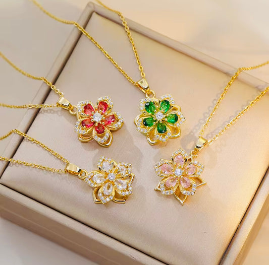 Rotating Flower Necklace for Women | Gold Crystal Blossom | Minimalist Gift for Her | Green, Pink, White & Red