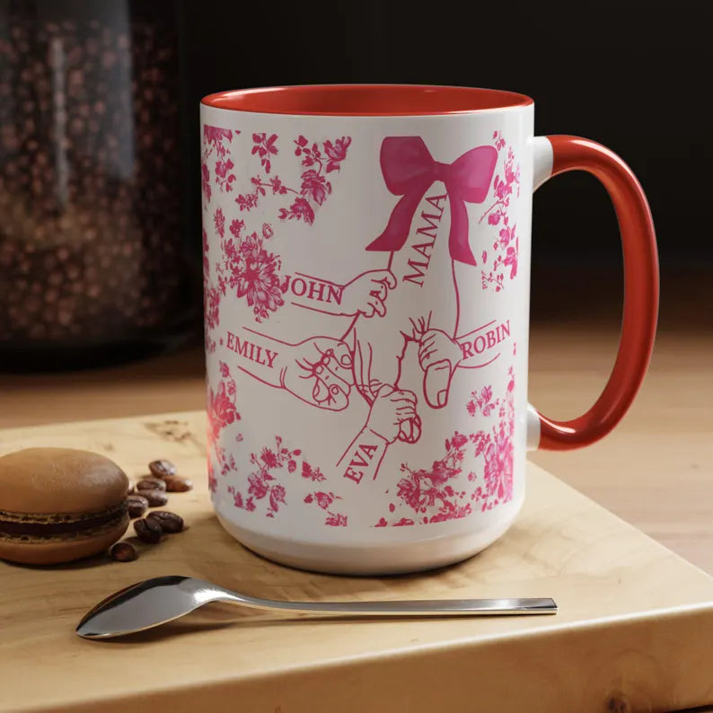 1- 6 Personalized Holding Mom's Hand | Floral Family Mug - Personalized Gift for Moms | Family Gatherings, Mother's Day, Custom Drinkware