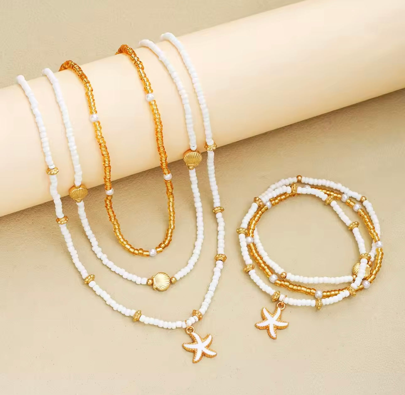 Minimalist & Elegant 6pcs Boho Jewelry Set – Beaded Shell & Starfish Necklace & Bracelets