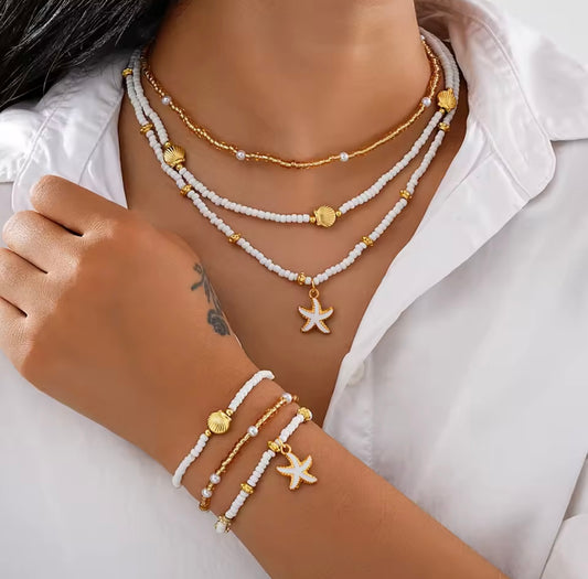 Minimalist & Elegant 6pcs Boho Jewelry Set – Beaded Shell & Starfish Necklace & Bracelets