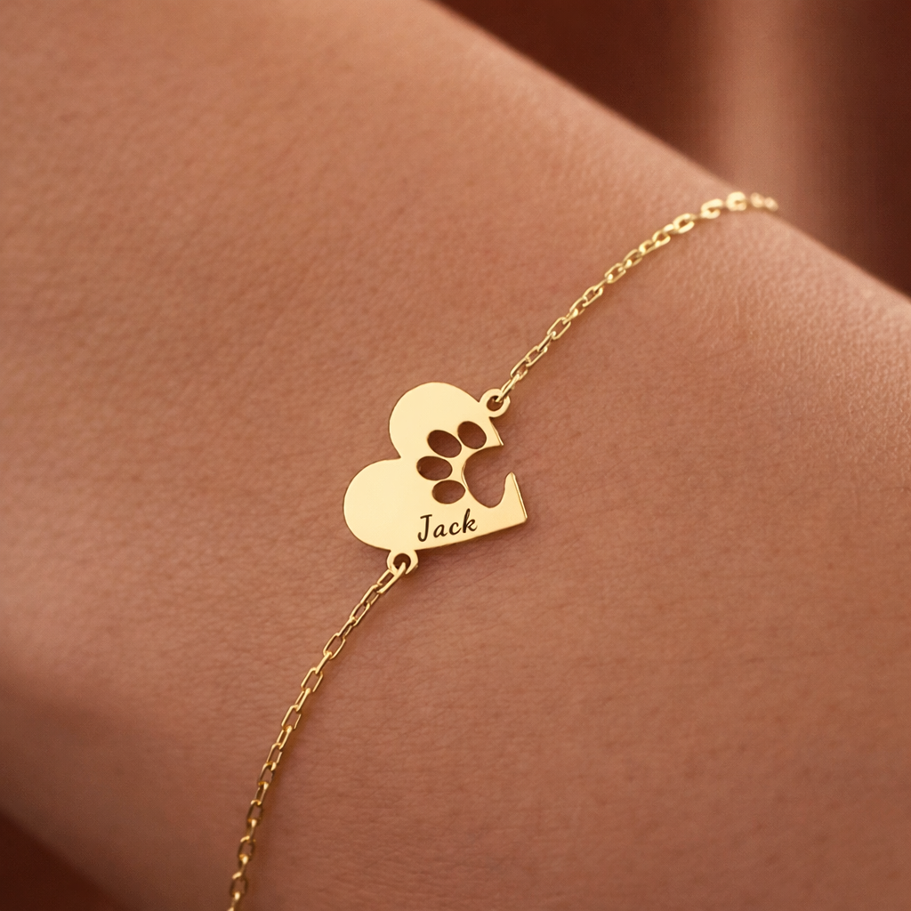 Personalized Pet Name Bracelet, Paw Print Heart Charm, Dog Cat Lover Jewelry, Custom Name Gift, Pet Memorial Bracelet