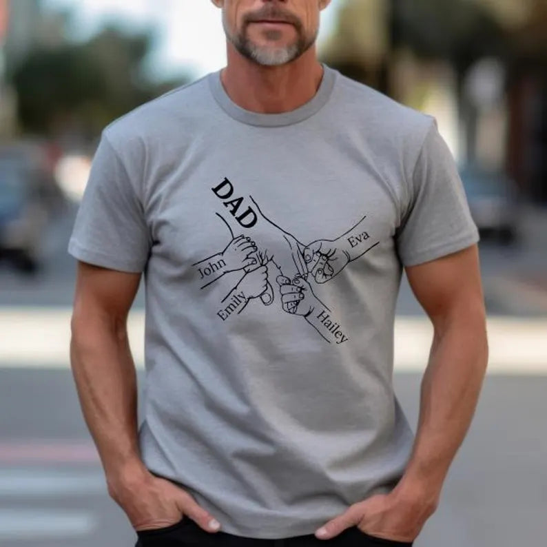 Customized T-Shirt for Dad | Dad Holding Hands T-Shirt | Father's Day Gift From Daughter Son, Personalized T-Shirt | T-Shirt with Kids Name