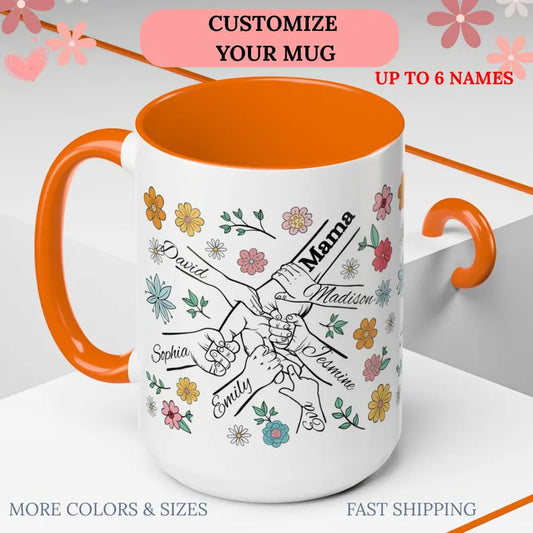 1- 6 Personalized Holding Mom's Hand | Floral Family Mug - Personalized Gift for Moms | Family Gatherings, Mother's Day, Custom Drinkware