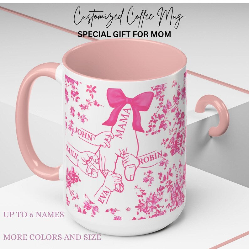 1- 6 Personalized Holding Mom's Hand | Floral Family Mug - Personalized Gift for Moms | Family Gatherings, Mother's Day, Custom Drinkware