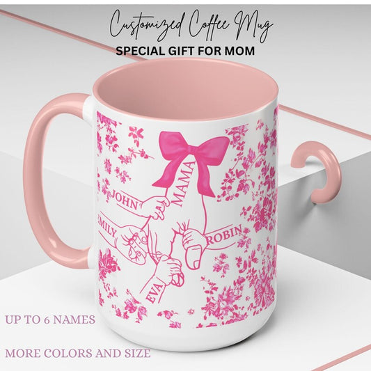 1- 6 Personalized Holding Mom's Hand | Floral Family Mug - Personalized Gift for Moms | Family Gatherings, Mother's Day, Custom Drinkware
