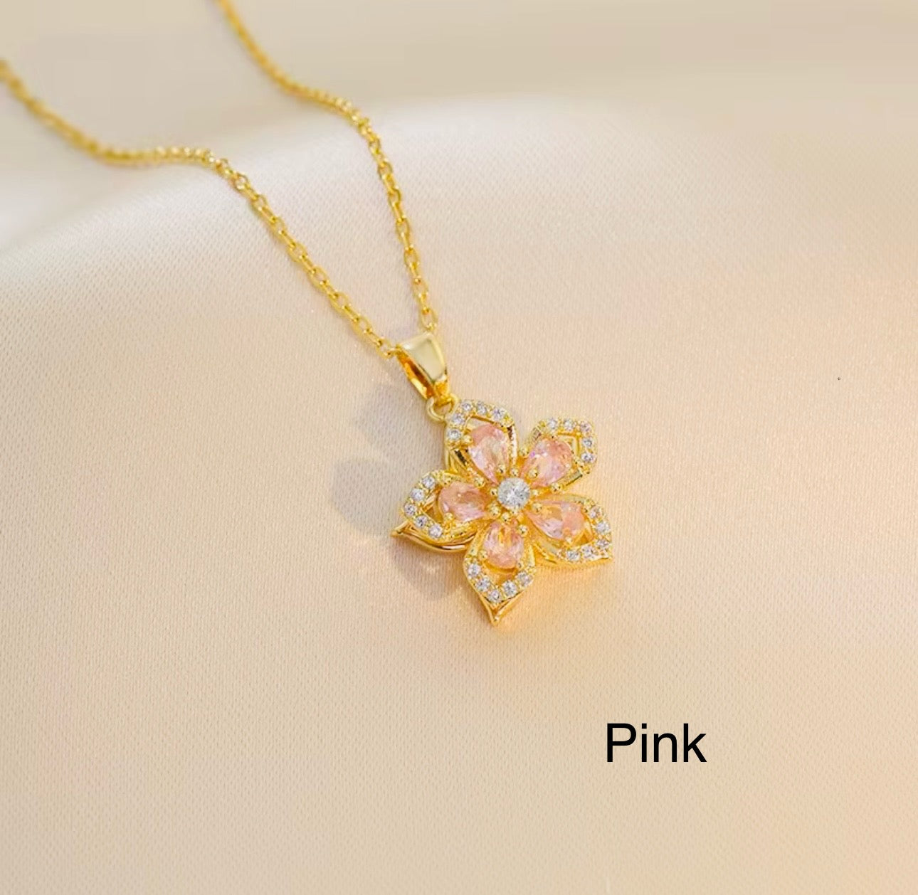 Rotating Flower Necklace for Women | Gold Crystal Blossom | Minimalist Gift for Her | Green, Pink, White & Red