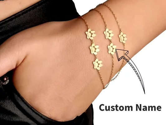 Custom Pet Paw Bracelet • Engraved Pet Name Jewelry • Dog & Cat Bracelet
