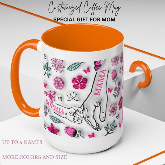 1- 6 Personalized Holding Mom's Hand | Floral Family Mug - Personalized Gift for Moms | Family Gatherings, Mother's Day, Custom Drinkware